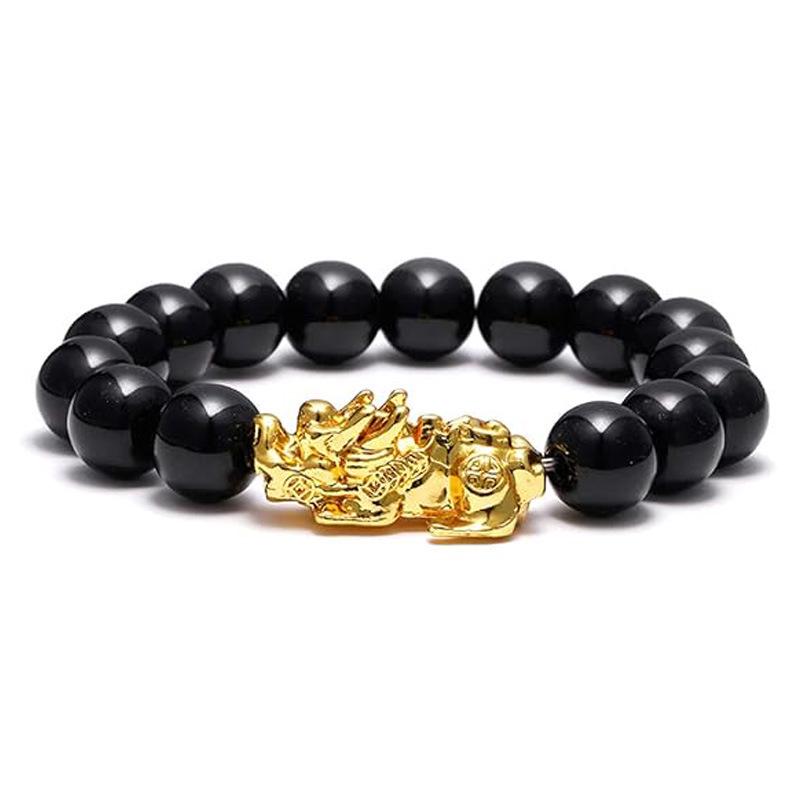 Вьетнамский браслет Пиксиу из песочного золота и обсидиана для мужчин - Буддийские бусины с шестисимвольной мантрой, привлекающей богатство.