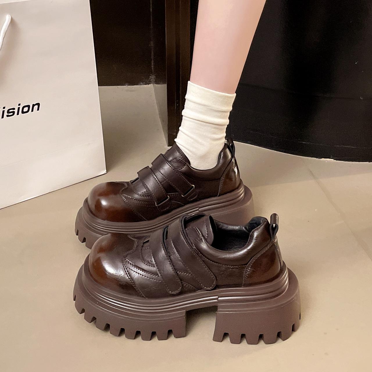 

Japanese version 2025 autumn new retro style round head platform Velcro small leather shoes British style JK single shoes loafers 40 коричневый