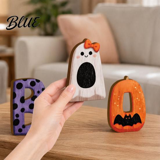 Small Halloween Figurine 3Pcs/Set Wooden Statues Letter Bat Pumpkin Ghost with Bowknot Deisgn Entrance Decoration Desktop Ornaments Holiday