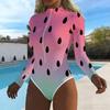 Women Long Sleeve One Piece Swimsuit Zip Front Painted Ink Dyeing Print Rash Guard Surfing Bathing Suit