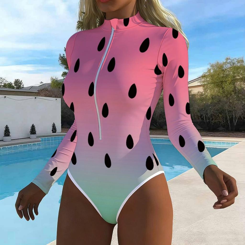 Women Long Sleeve One Piece Swimsuit Zip Front Painted Ink Dyeing Print Rash Guard Surfing Bathing Suit