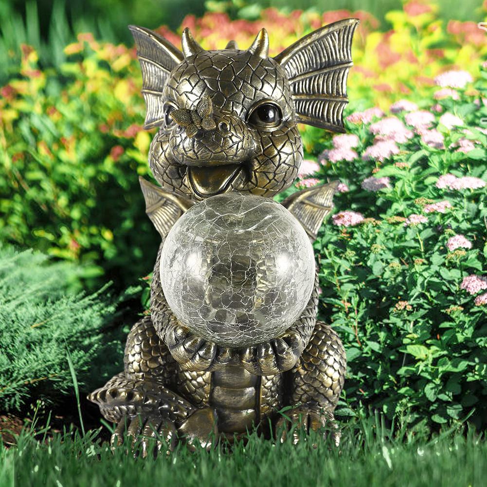 Resin Adorable Baby Dragon Figurines with Solar Light Waterproof Garden Sculpture Cute Dragon Statue for Patio Yard Lawn Porch
