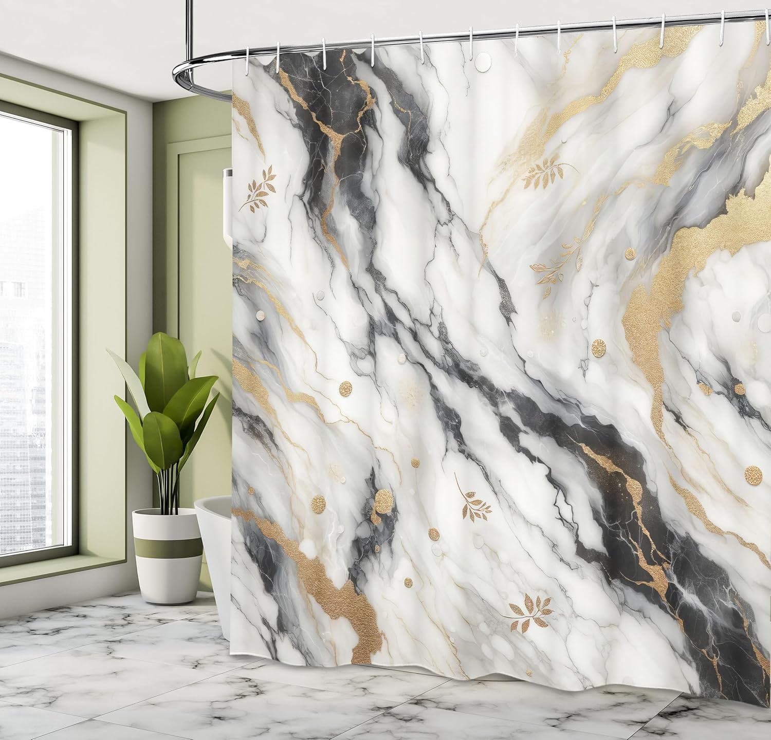 

Black And White Shower Curtain, Modern Classic Marble Print With Golden Yellow And Grey Details, Cloth Fabric Bathroom W60H190(CM)-1 Pcs