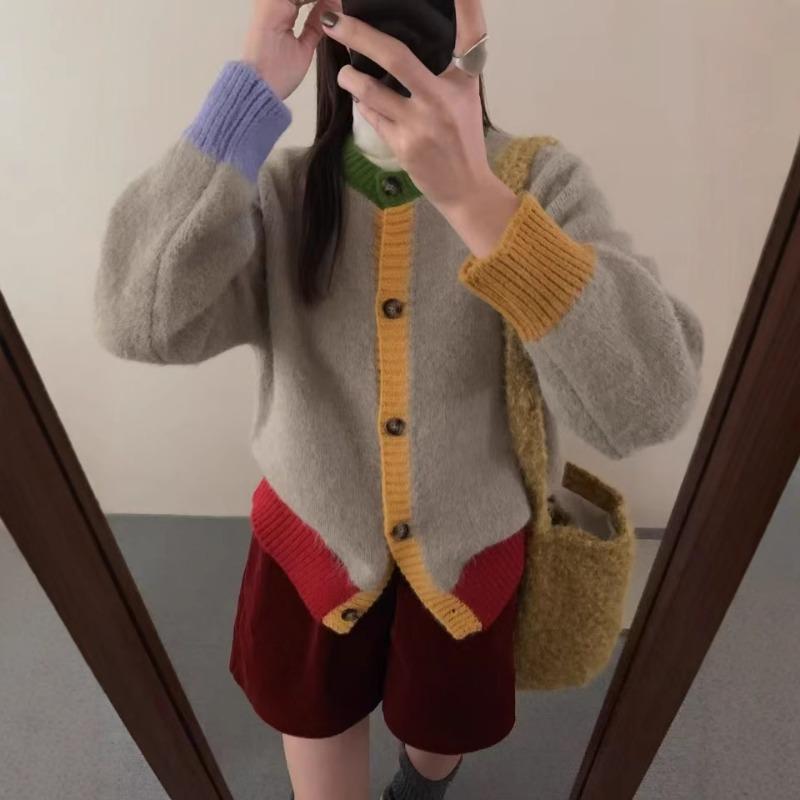 Design sense niche color matching knitted cardigan women's autumn and winter new loose lazy thickened soft waxy sweater jacket