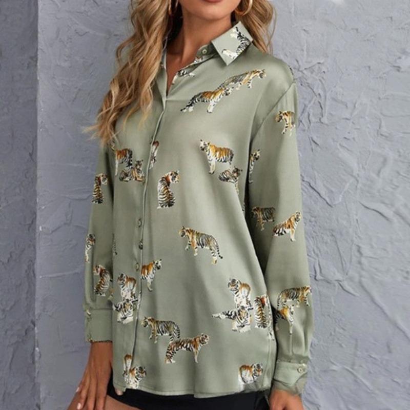 Long Style Temperament Long Sleeved Lapel Tiger Pattern Printed Shirt for Women