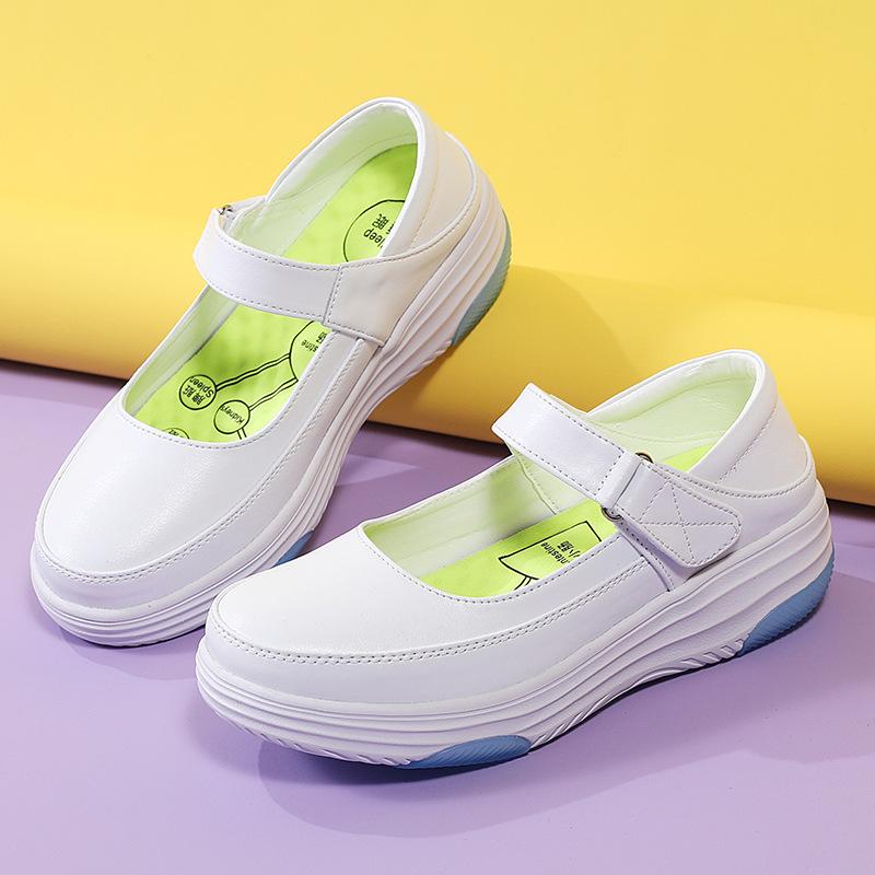 Chaussures d'infirmière, chaussures de travail en cuir souple pour femmes, chaussures d'été respirantes à semelles épaisses et velcro