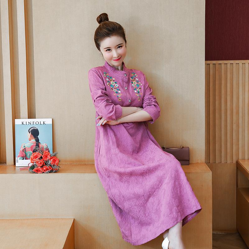 

2025 spring new ethnic style embroidered cotton and linen jacquard fabric loose and comfortable stand-up collar long-sleeved dress Large size L рожевий