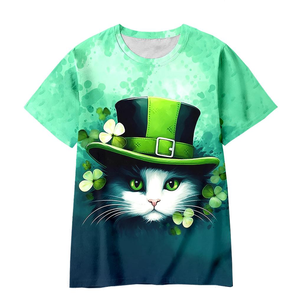Summer Round Neck 3D Green Magic Hat with Clover Print Top Fashionable Casual Short Sleeved Children's Boy and Girl T-shirts