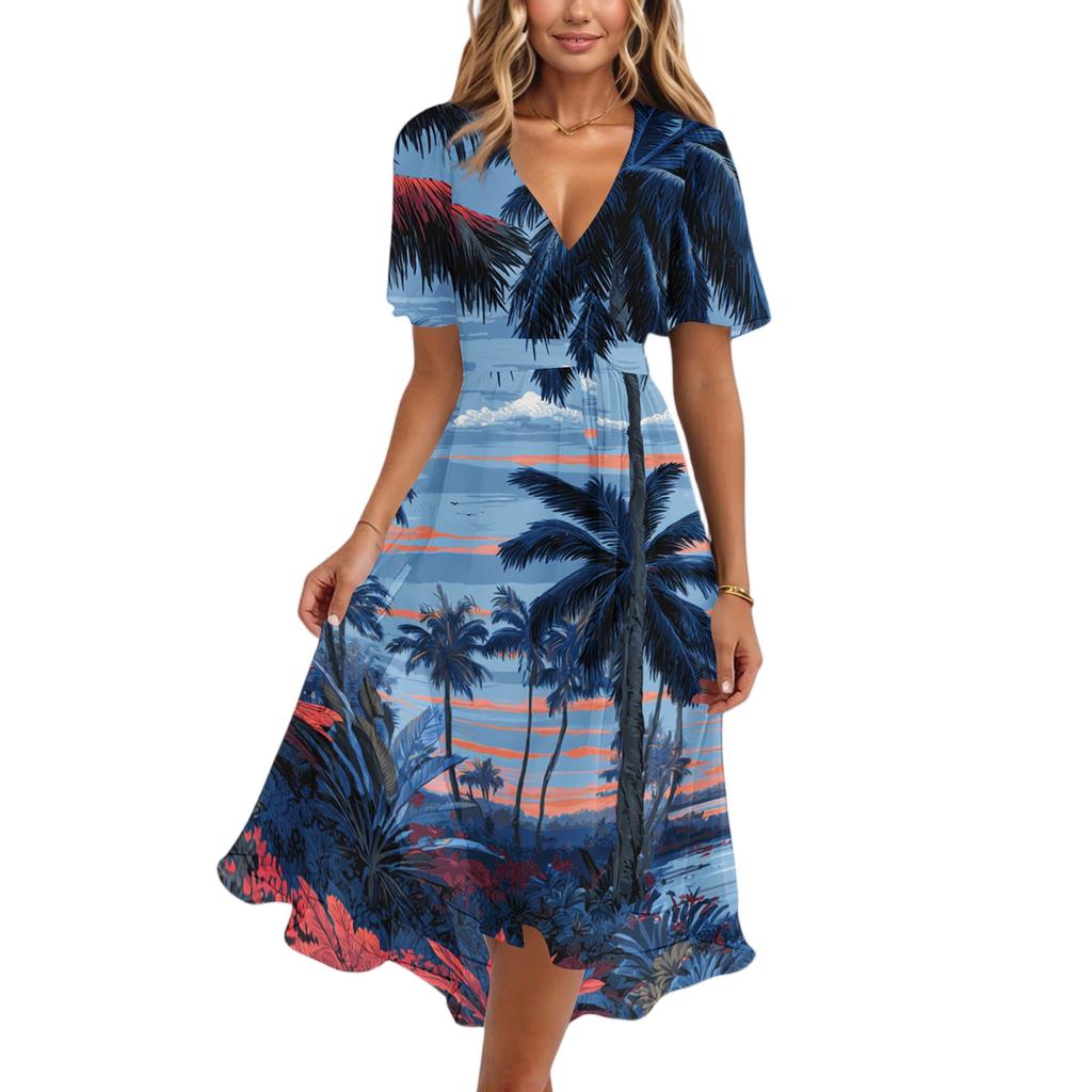 Vestito Casual da Donna con Scollo a V a Maniche Corte, Stampa Hawaiana, Lunghezza Midi, Estivo da Spiaggia, con Vita Elastica e Tessuto Leggero