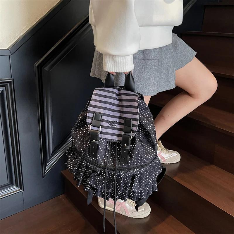 Ruffles Spliced Mochilas Mujer Stampa Pois Mochila Borsa ad Alta Capacità Zaino da Viaggio per le Feste Nuove Borse in Tela per Donna