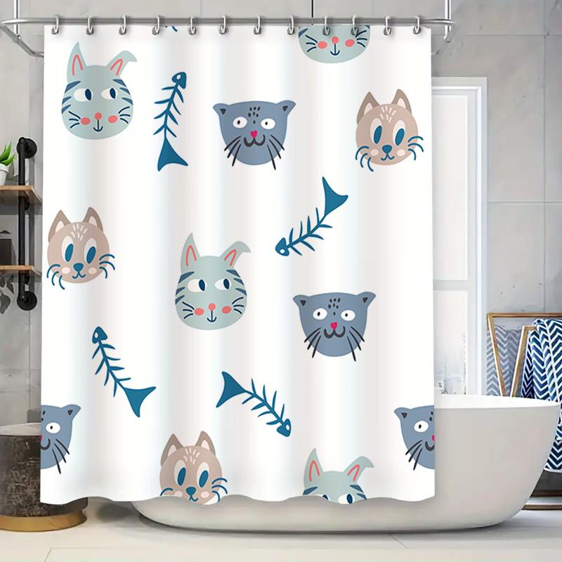 

Decorate Your Bathroom With Cute Cat Print Shower Curtain Blue Fish Design For Kids Bathrooms Easy Installation Washable Fabric W60H190(CM)-1 Pcs