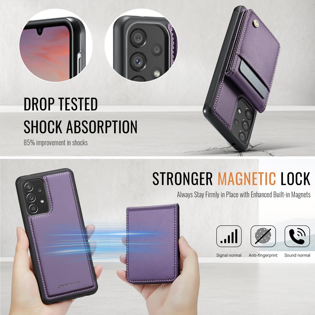 For Samsung Galaxy A52 5G/Galaxy A52s 5G/Galaxy A52 4G Leather Back Cover Compatible with MagSafe JEEHOOD J06 Phone Case with Card Bag RFID Blocking