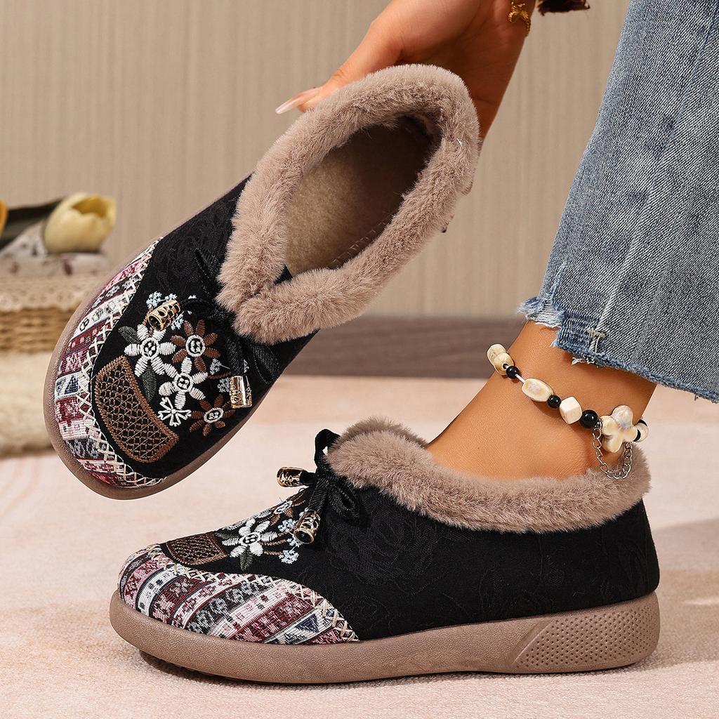 Women's Embroidered Fashion Lightweight Height-enhancing Soft Sole Winter Warm Fur One Snow Boots Velvet Lined Non-slip Casual Sports Cotton Boots