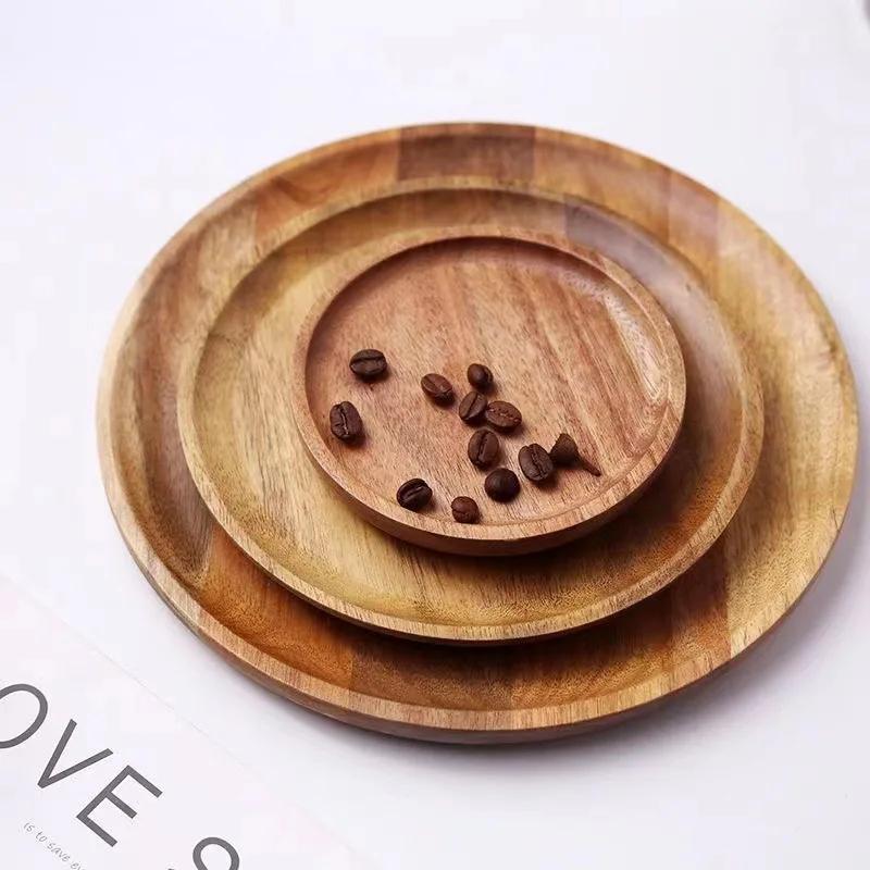 Wooden Dinner Plates Household Round Coffee Tray Trinket Dish Home Vintage Japanese Style Dessert Bread Trays Decorative Dishes