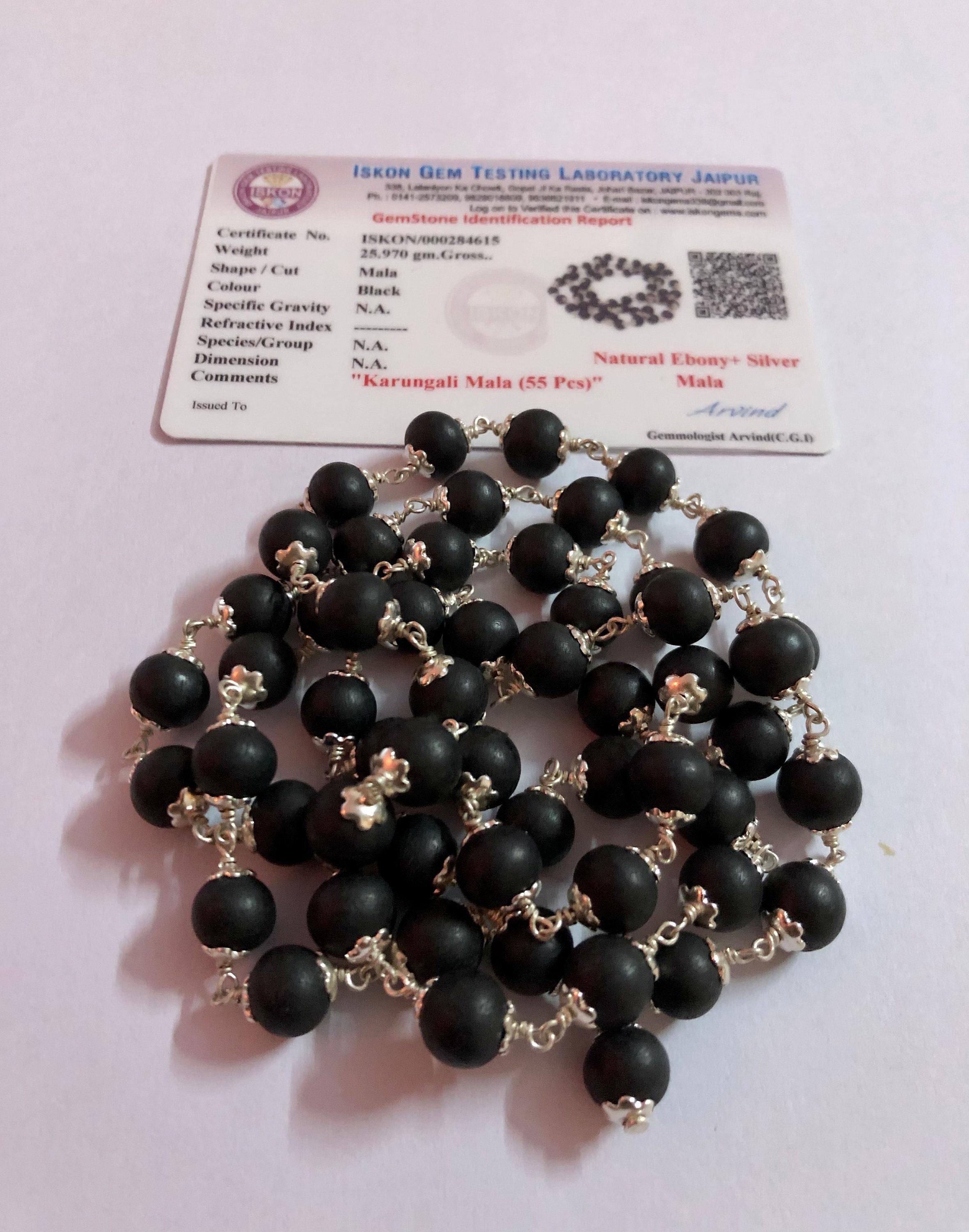 Lab Certified- 925 Silver + Original Ebony 54+1 Beads 8 mm, Natural Karungali Malai Mala ROSARY, Indian Origin, Rosary Jaap Mala Yoga Prayer One Size