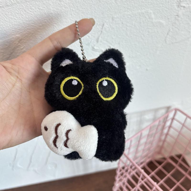 Cute Plush Big-eyed Black Cat Pendant With A Small Fish,Creative Couple's Bag Accessory,Little Black Cat Keychain