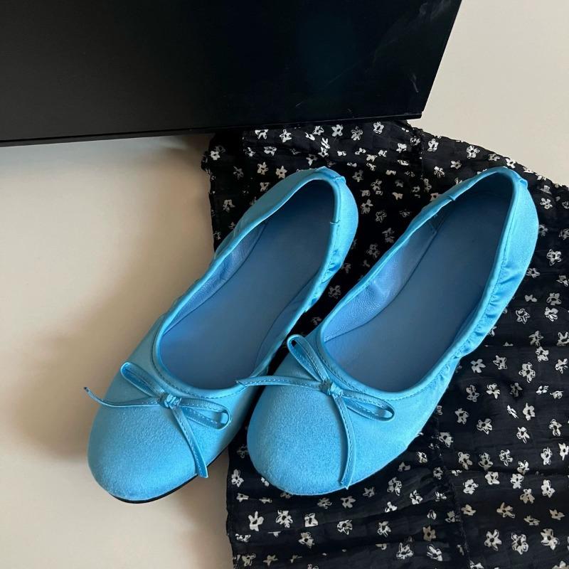 Silk Bow Ballet Shoes Women's Round Head Light Mouth Flat Bottom One Pedal Soft Sole Silver Mary Jane Shoes