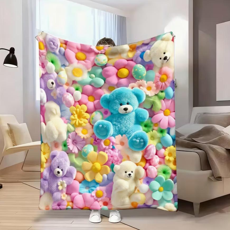 1pc Teddy Bear Floral Egg Pastel Print Flannel Blanket Soft and Comfortable, All-Season Blanket, Suitable for Travel Blankets