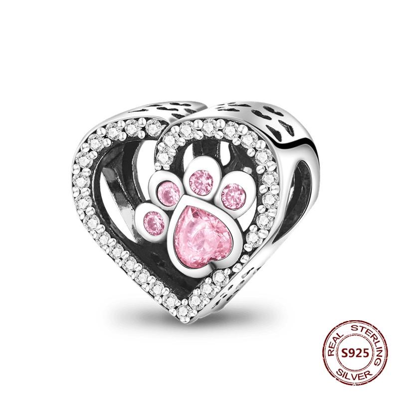 Copper Original Dog Cat Safety Chain Lazy Cat Pink Zircon Pet Paw Print Footprint Charms Fit Bracelet For Women Diy Jewelry