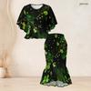 Women Plus Size Round Neck Batwing Sleeve Printed Navy Blue Ruffle Top Fishtail Skirt Two Piece Set