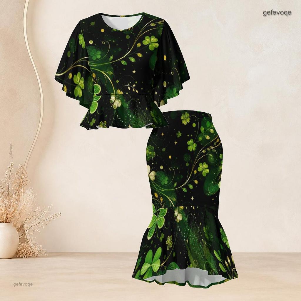 Women Plus Size Round Neck Batwing Sleeve Printed Navy Blue Ruffle Top Fishtail Skirt Two Piece Set