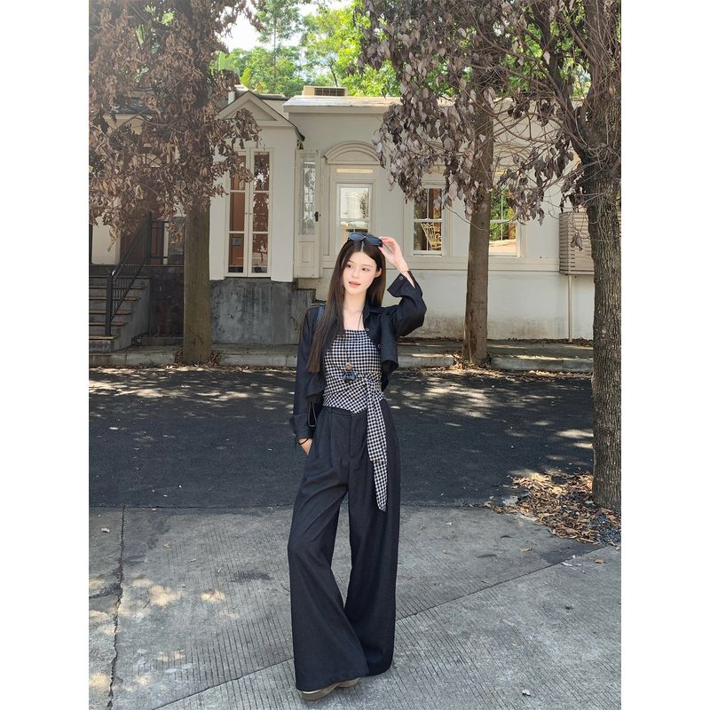 Retro Cardigan Short Outerwear Plaid Sling Vest Suit Women Autumn Straight Wide Leg Pants Casual Pants Three-Piece Suit