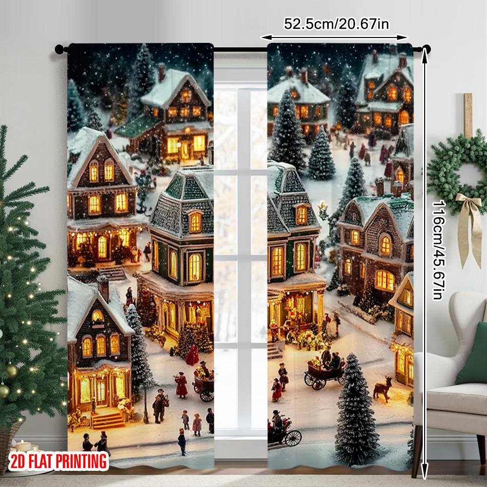 2pcs 2D Flat Printing Christmas Drapes Vintage Village Versatile Fabric Without Electricity Festive Wall Decor Use for Indoor