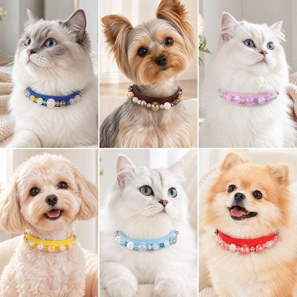 Dream Colored Bead Pet Collar PU Leather Cat Collar Adjustable Adjustable Collar  For Puppy