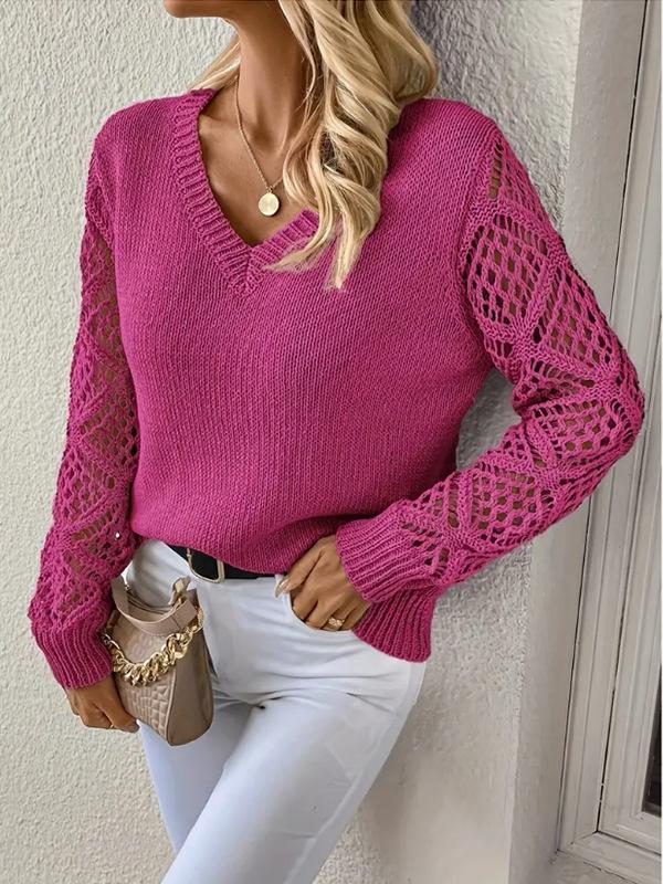 Spring and Autumn Knitted Sweater Foreign Trade Women's Clothing Temperament V-neck Hollow Long-sleeved Solid Color Casual Top