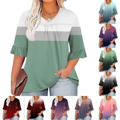 Women's Fashion Casual  Printed V-Neck Pleated Seven Minute Sleeve Ruffle Sleeve T-Shirt Plus Size Tops