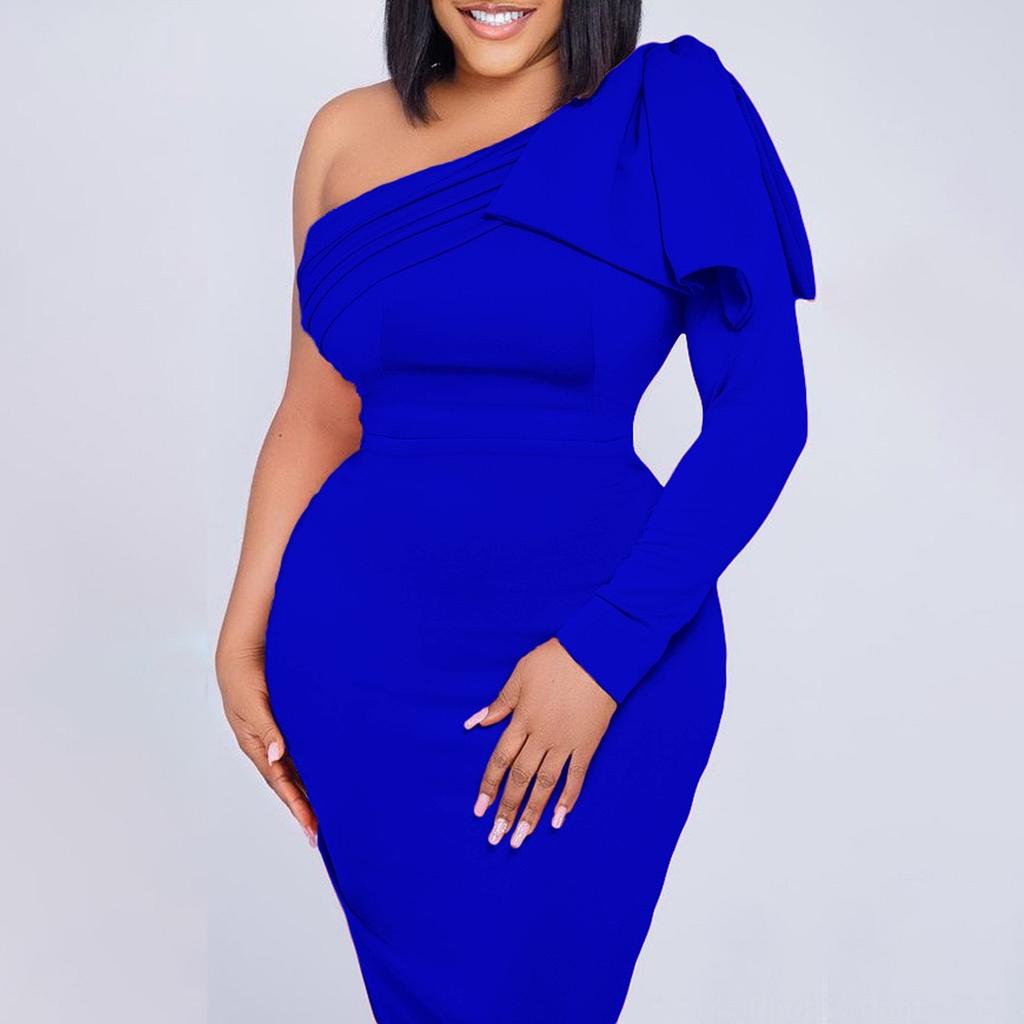 Woman Party Dresses Plus Size Xxxl One Shoulder Long Sleeve Package Hips Mid Calf Sexy Dress