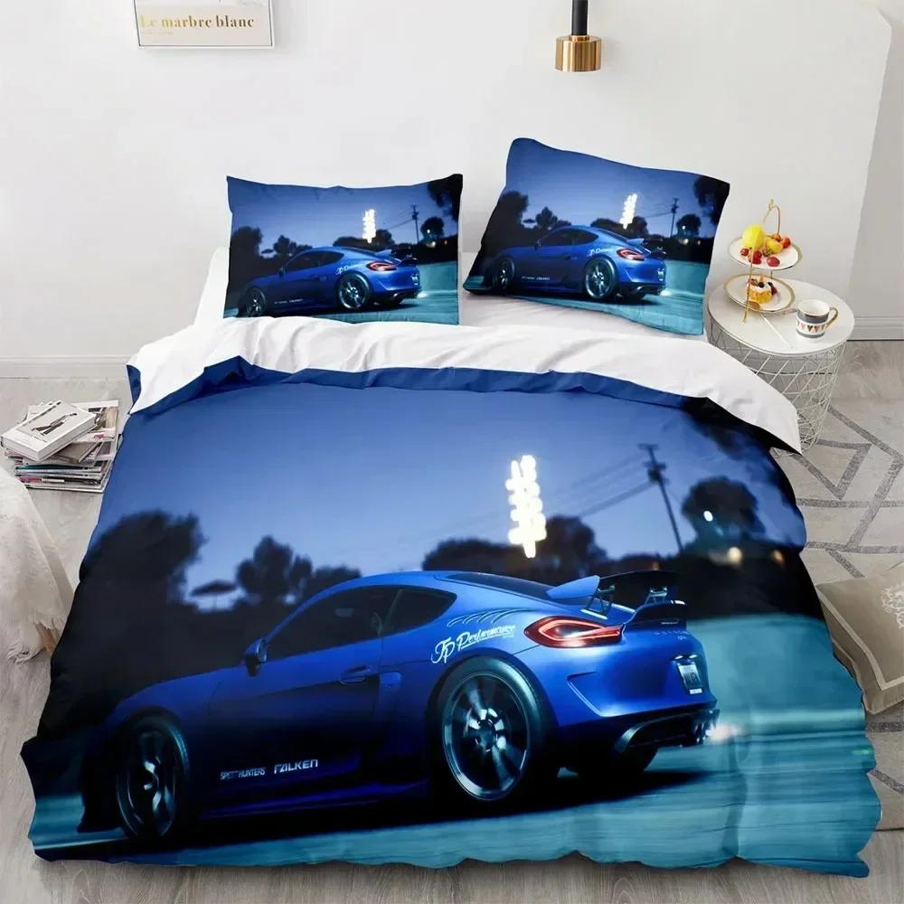 Sports Car King Queen Duvet Cover Cool Colorful Supercar Pattern Bedding Set for Men Adult Race Car 3D Polyester Quilt Cover