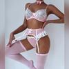 Women Sexy Heart and Floral Lace with Steel Ring Gathered Bra Paired Bow Maid Bottom Lingerie