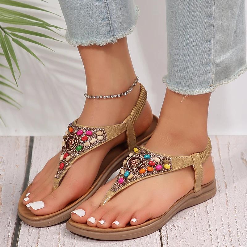 Fashion Mix Color Pearl Bohemian Sandals Women Fashion Clip-Toe Non-Slip Beach Sandals Woman Bling Crystal Flat Heel Rome Sandalias