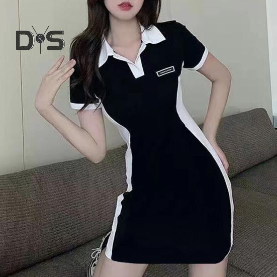 Dámské mini košilové šaty s krátkým rukávem, barevně blokované šaty s límečkem, letní ležérní šaty s výstřihem do V, bodycon šaty, párty klubové krátké šaty