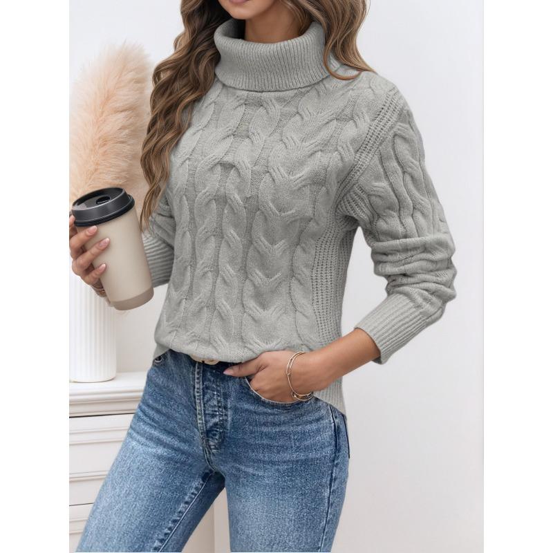VEZFAA Women's Fashion Casual Fall Winter Solid Color Print Long Sleeve High Neck Sweaters