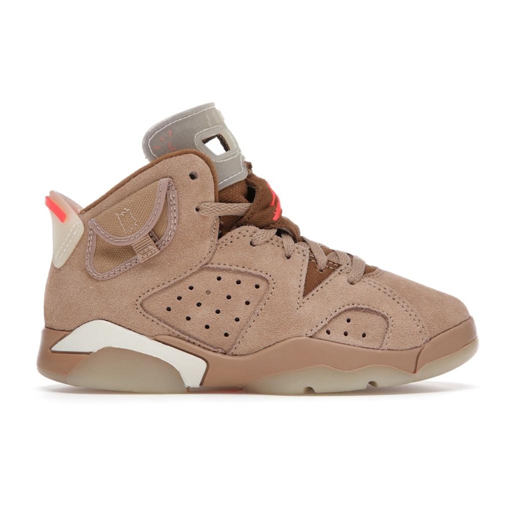 Pantofi sport pentru copii Travis Scott x Air Jordan 6 Retro PS British Khaki Tan Sail Bright-Crimson DH0693-200