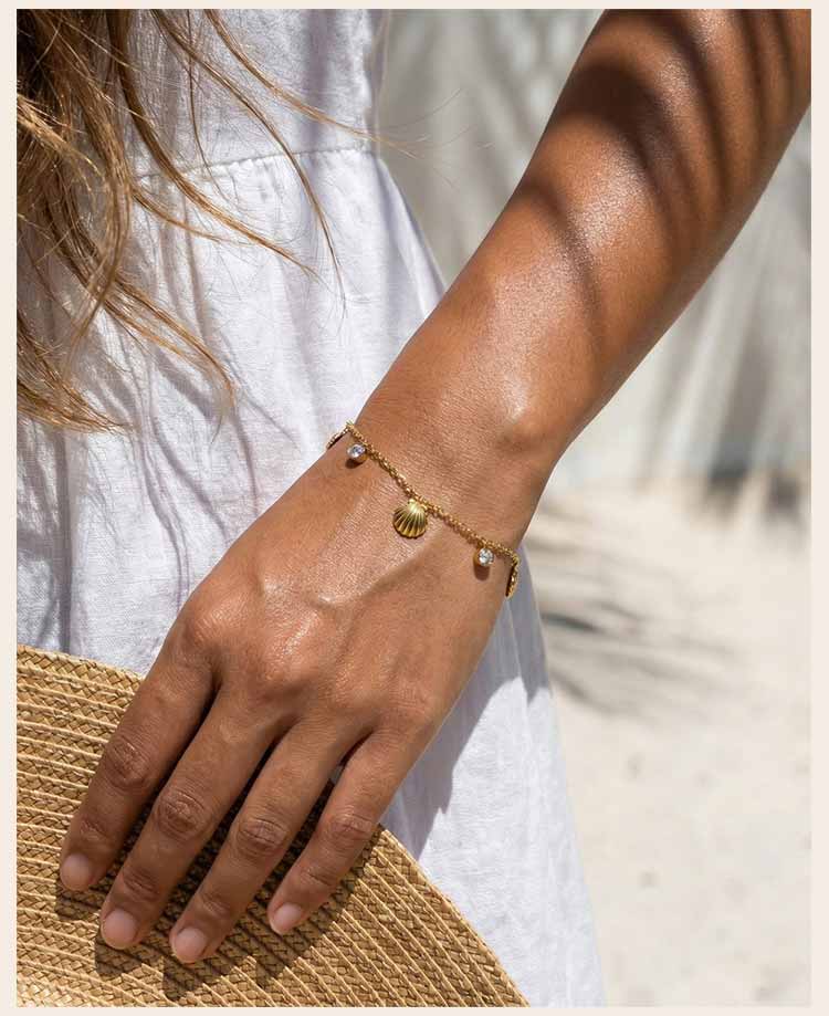 Shell Zirconia Bracelet for Women Waterproof Non-Tarnish Stainless Steel Adjustable Summer Beach Fashion Jewelry