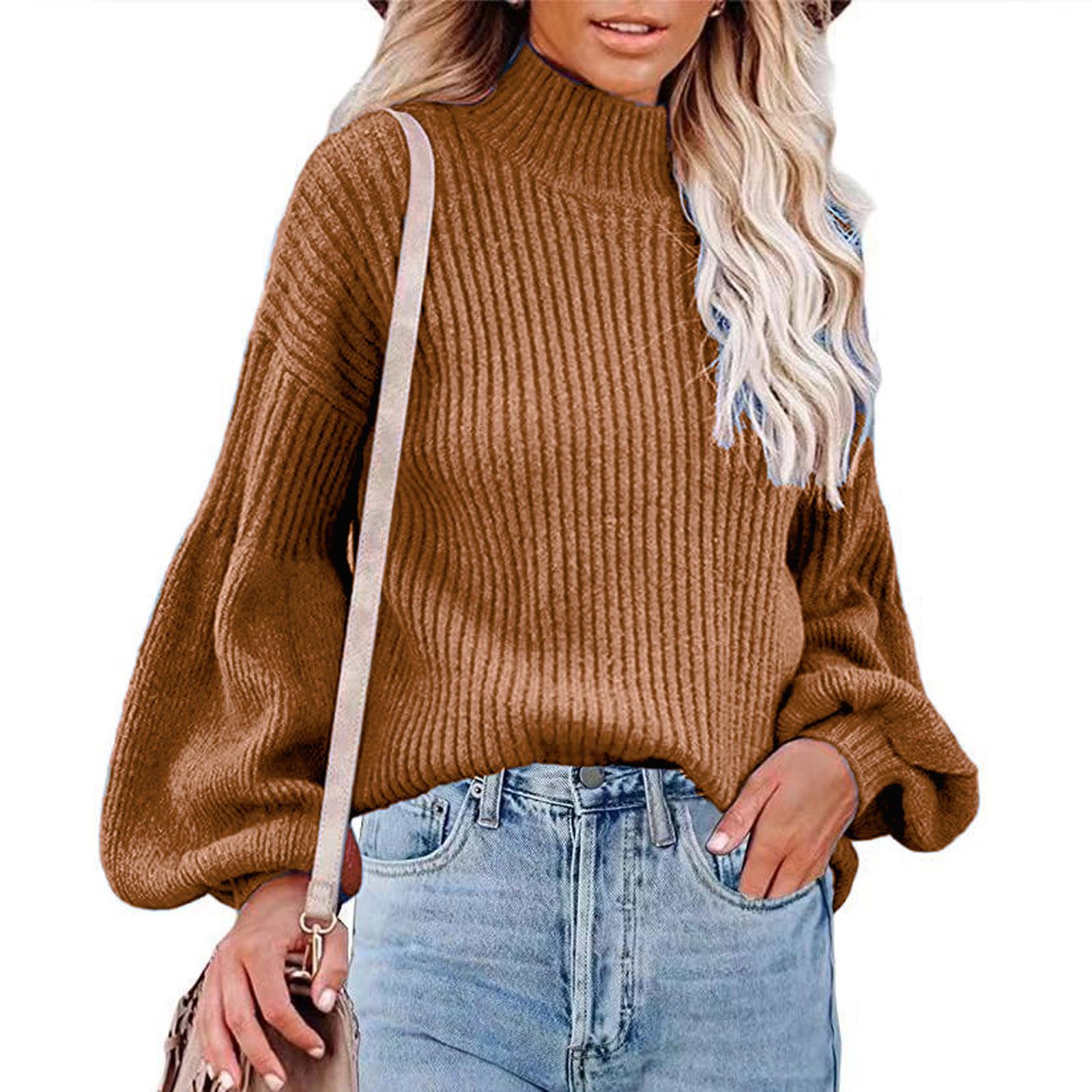 

Women s Solid Color High Collar Long Sleeve Pullover Blouse Knitted Sweater S коричневый