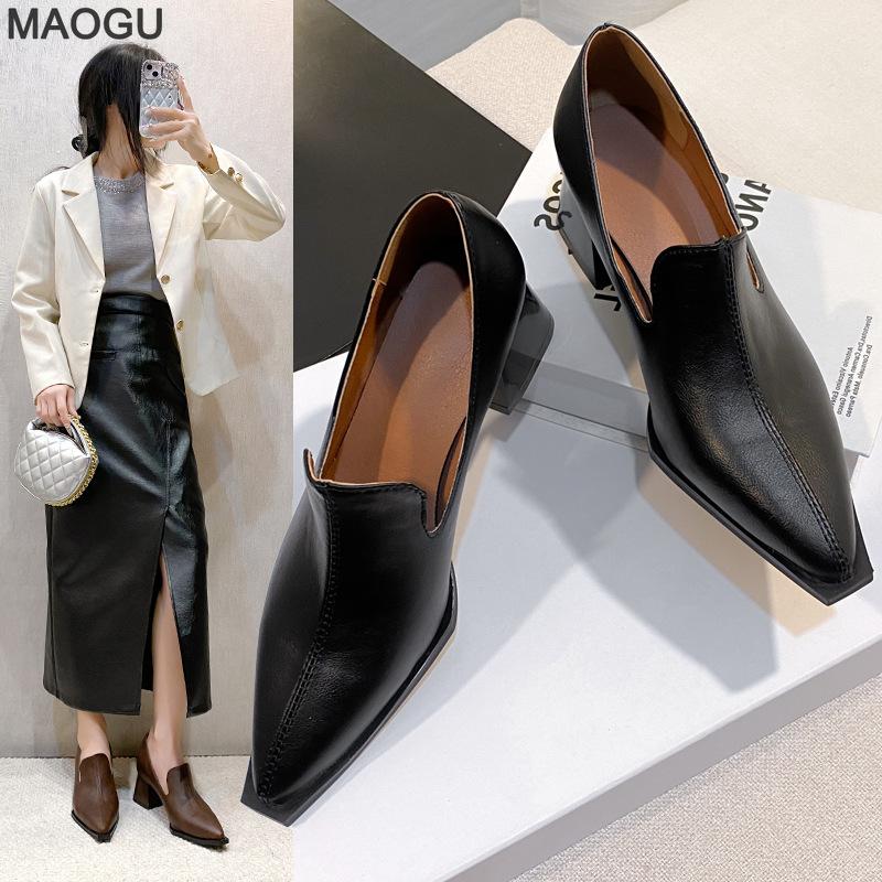 Office Ladies Comfortable Leather Shoes Women's Soft Pointed Toe Chunky Heel Pumps 5CM High Heels Autumn Women Footwear Elegant