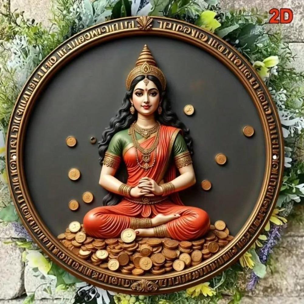 Vintage Lakshmi Metal Sign Round Wall Art Decor Wealth Prosperity Plaque