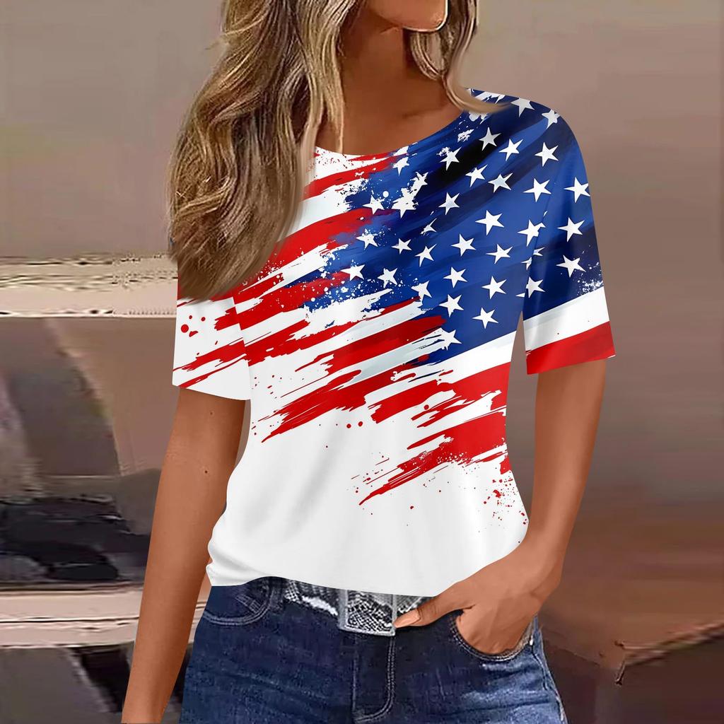 Damski modny, swobodny, krótki rękaw, nadruk, okrągły dekolt, bluzka typu pullover