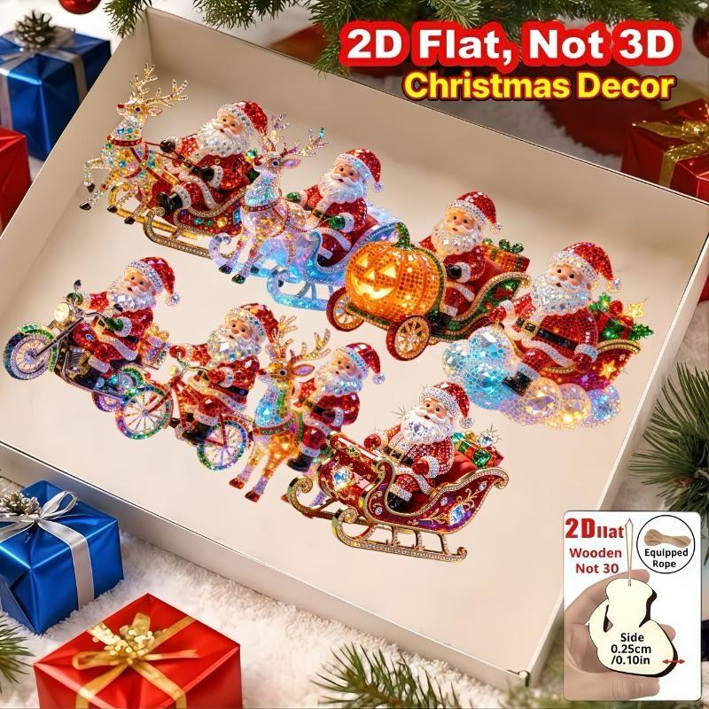 8/16Pcs 2D Flat Santa Claus Ornaments Wooden Deer Christmas Tree Ornaments Holiday Pendants Shiny Beautiful Xmas Hanging Party