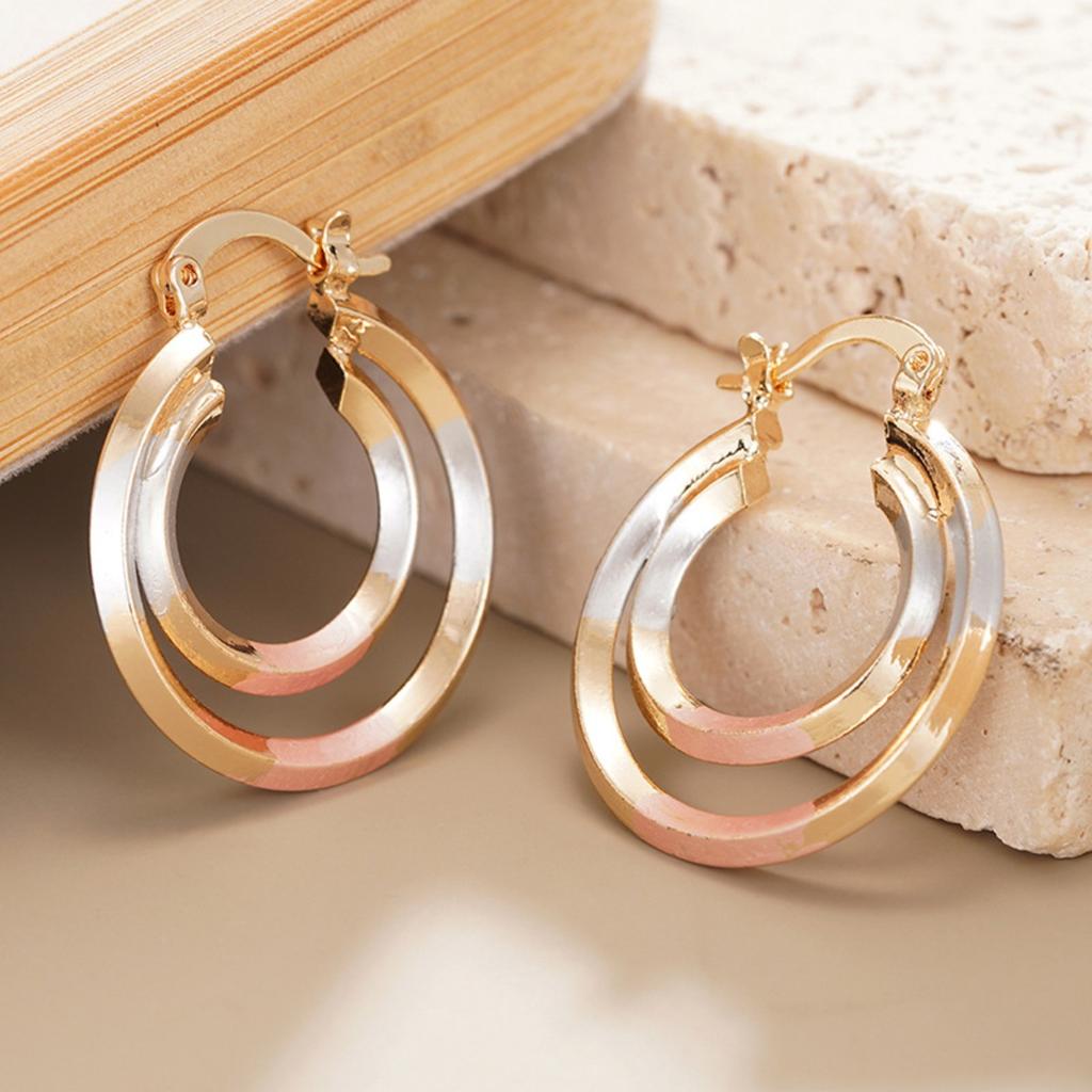 Double Layer Two Tone Hoop Earrings for Women Stylish Three Tone Round Circle Earrings Fashion Daily Party Jewelry