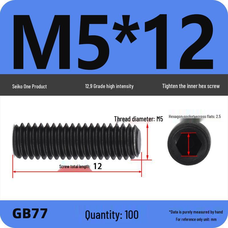 Class 12.9 Inner Hex Flat Head Headless Grub Screw M3-M12