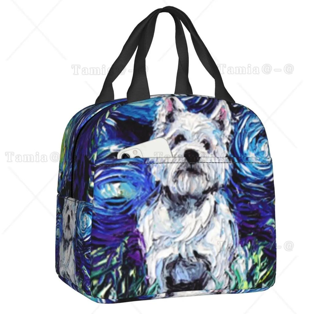 Westies Polka Dot Cartoon Pattern Insulated Lunch Bag Leakproof West Highland White Terrier Dog Thermal Cooler Lunch Tote Kids