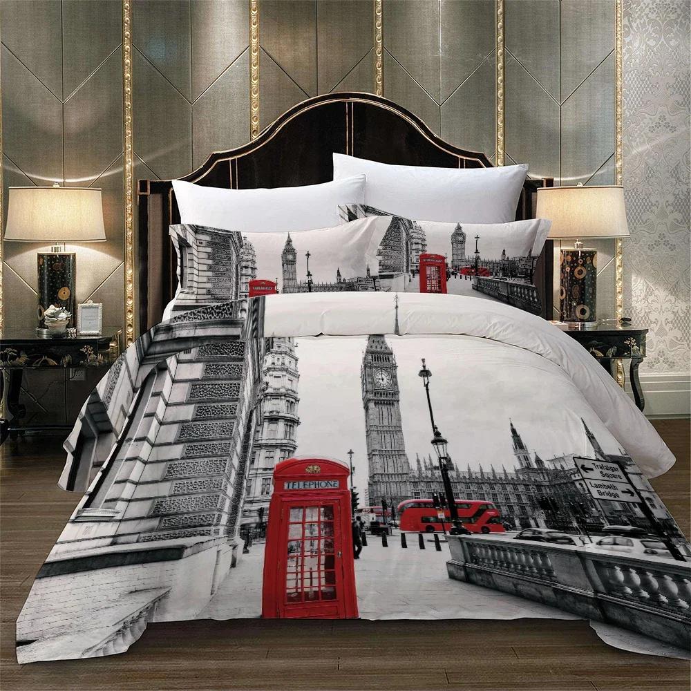 3D Print Bed Linen Set London City Landscape Big Ben Red Phone Cell Bus Print Bed Set Set Quilt Duvet Cover + Pillow