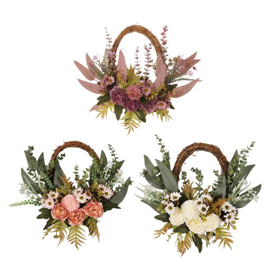 16 Inch Artificial Rattan Wreath with Flowers Lifelike Faux Hydrangea Wreath for Spring Summer Indoor Outdoor Home Wall Porch Farmhouse Decor