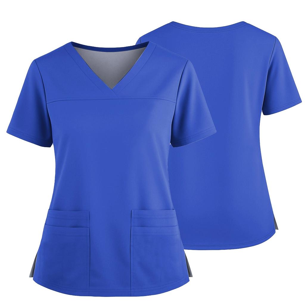 Women's Uniform Color V-Neck Pocket Side Slit Uniform Short Sleeved Top Top