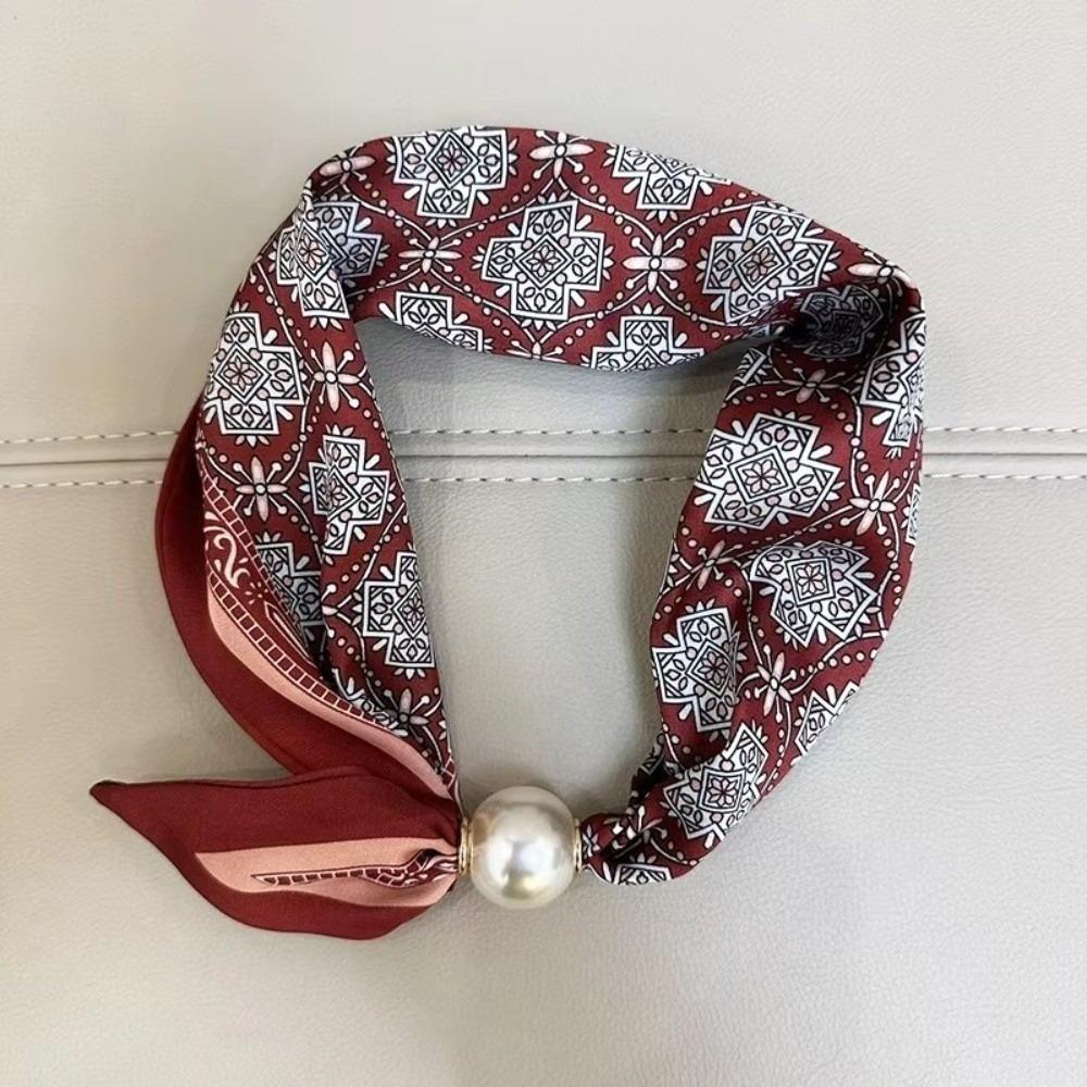 

Lightweight Pearl Decoration Scarf Polyester Silk Scarf Fashionable Neck Scarf Office Wear Dark Red